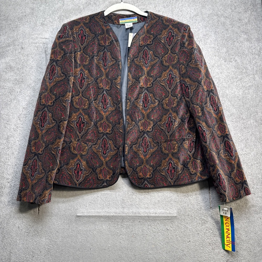 Vintage Bryn Connelly Women's Brown Paisley Jacket 12 Boho Tapestry Blazer